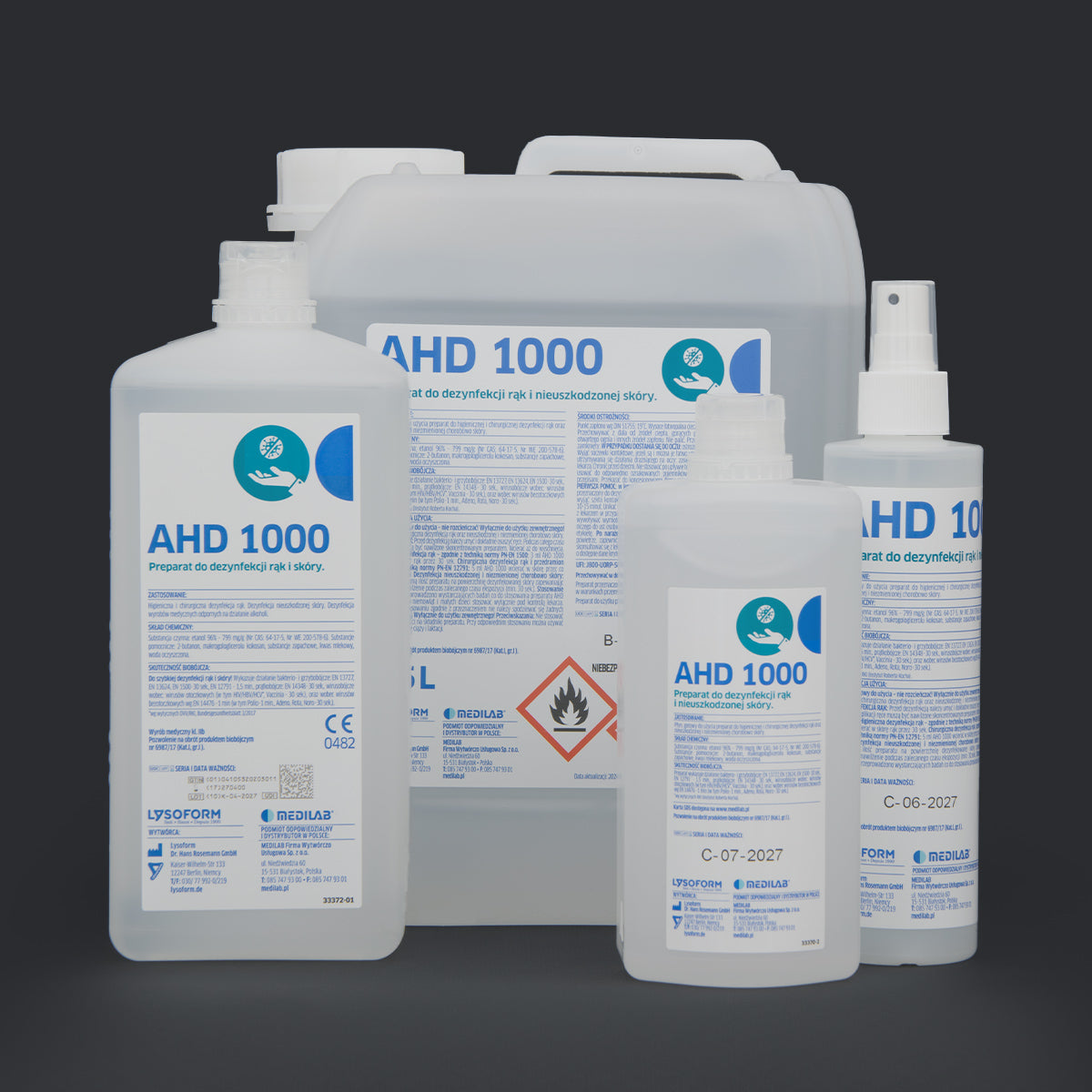 Collection of AHD 1000 skin disinfectant products from zerohoursupply.eu