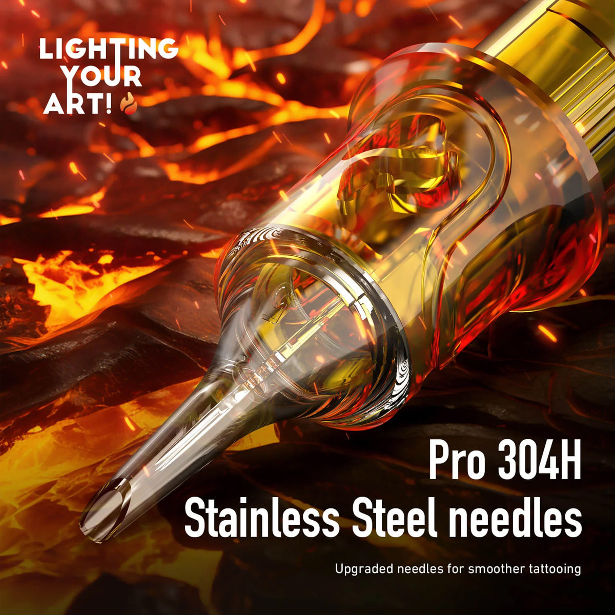 Stainless steel tattoo needle with flames in the background, labeled 'Pro 304H'. zerohoursupply.eu
