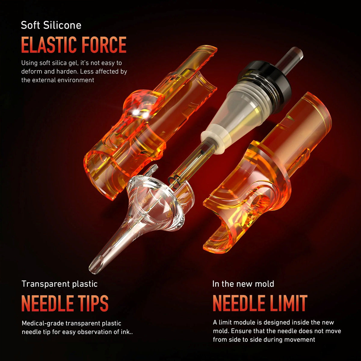 CNC FUEGO, Tattoo needle cartridges with soft silicone and transparent plastic needle tips. Zerohoursupply.eu