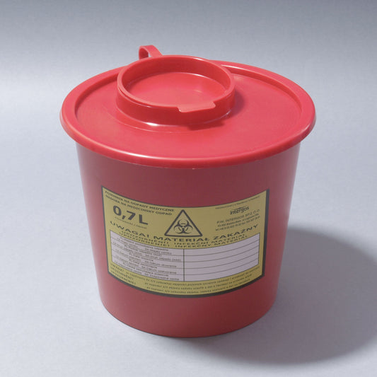 Red sharps container with a lid and warning label on a gray background,  zerohoursupply.eu