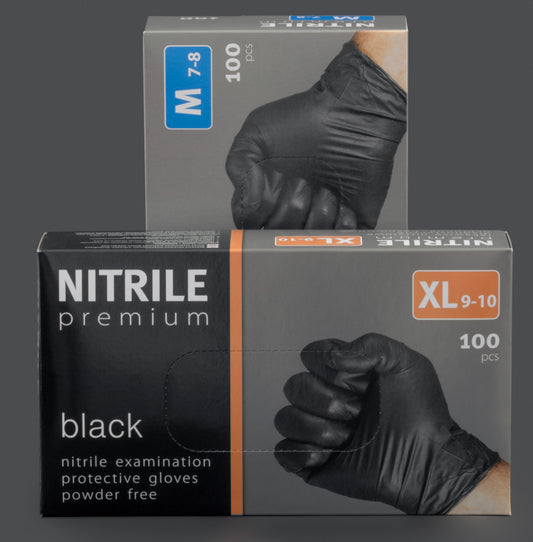 PREMIUM NITRILE GLOVES, POWDER-FREE, BLACK, 100pcs